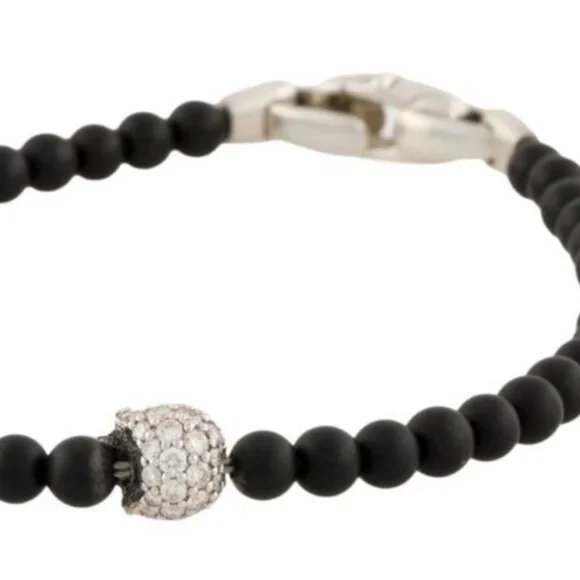 DAVID YURMAN ONYX & DIAMOND STERLING SILVER MEMENTO MORI SKULL STATION BRACELET